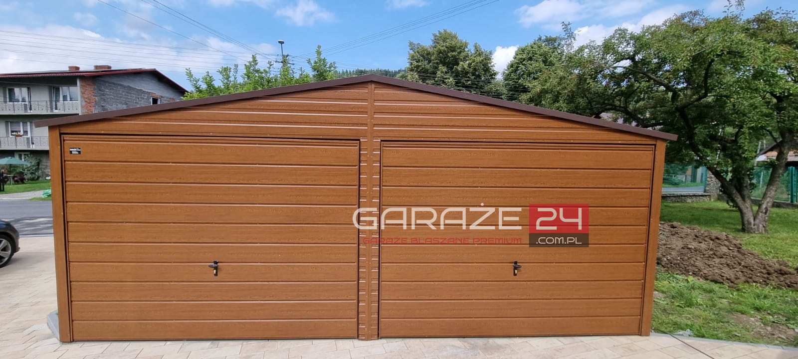 Garaż blaszany na zgłoszenie, 6x5m, do 35m2, złoty dąb, dwie bramy uchylne, wzmocniony profilem zamkniętym ocynkowanym