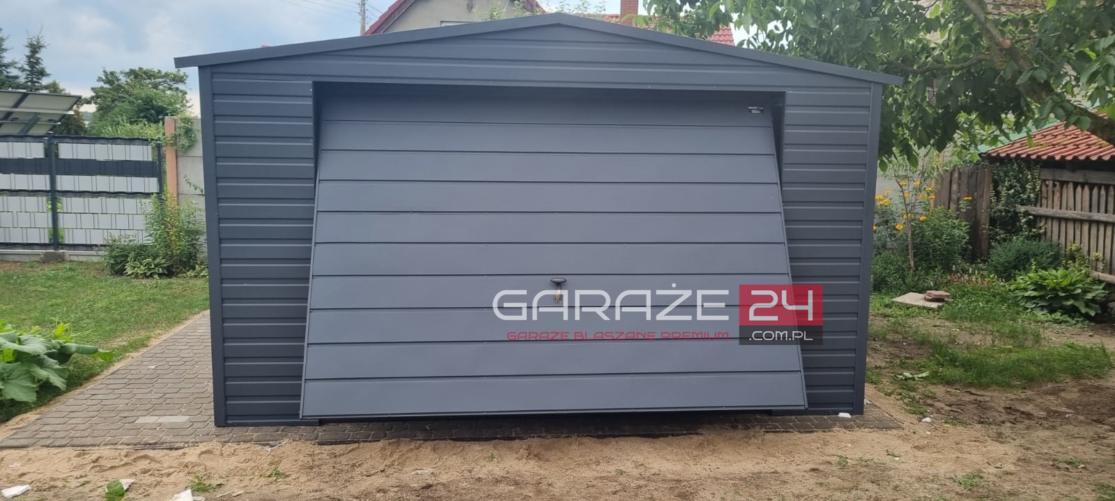 Garaż blaszany 3,5x6m, grafit mat, brama uchylna, wzmocniony profilem zamkniętym ocynkowanym, montaż GRATIS