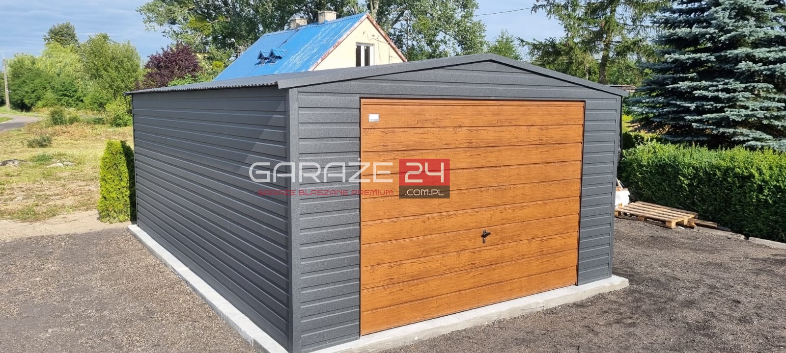 Garaż blaszany 4x6m, grafit mat + jasny orzech, brama uchylna, wzmocniony profilem zamkniętym ocynkowanym, montaż GRATIS