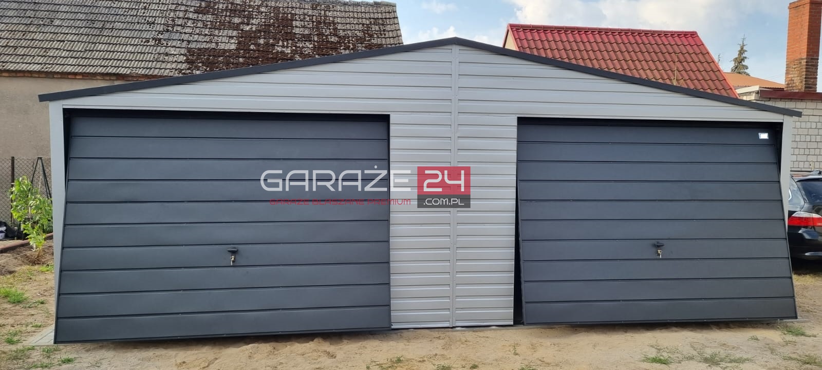 Garaż blaszany PREMIUM 7x6m, dwie bramy uchylne, srebrny + grafit mat, wzmocniony profilem zamkniętym ocynkowanym, montaż GRATIS