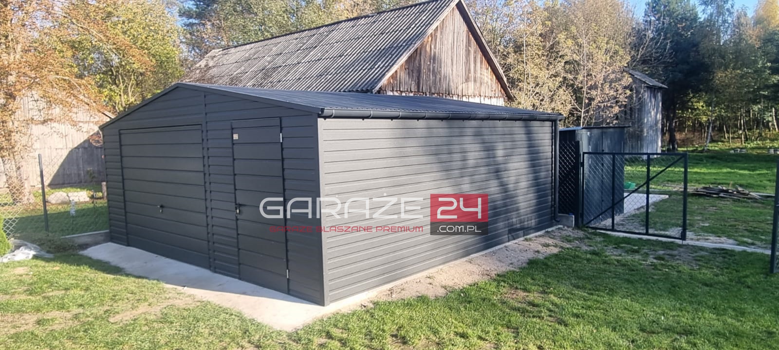 Garaż blaszany na zgłoszenie PREMIUM 5,5x6m grafit mat, brama uchylna + drzwi, wzmocniony profilem zamkniętym ocynkowanym