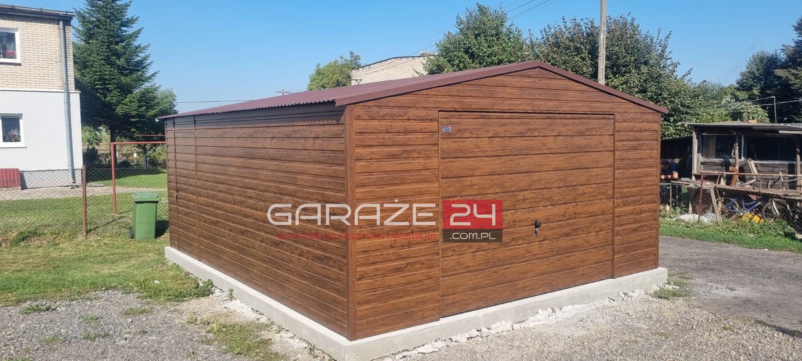 Garaż blaszany PREMIUM 5x6m do 35m2 , jasny orzech, brama uchylna, wzmocniony profilem zamkniętym ocynkowanym, montaż GRATIS