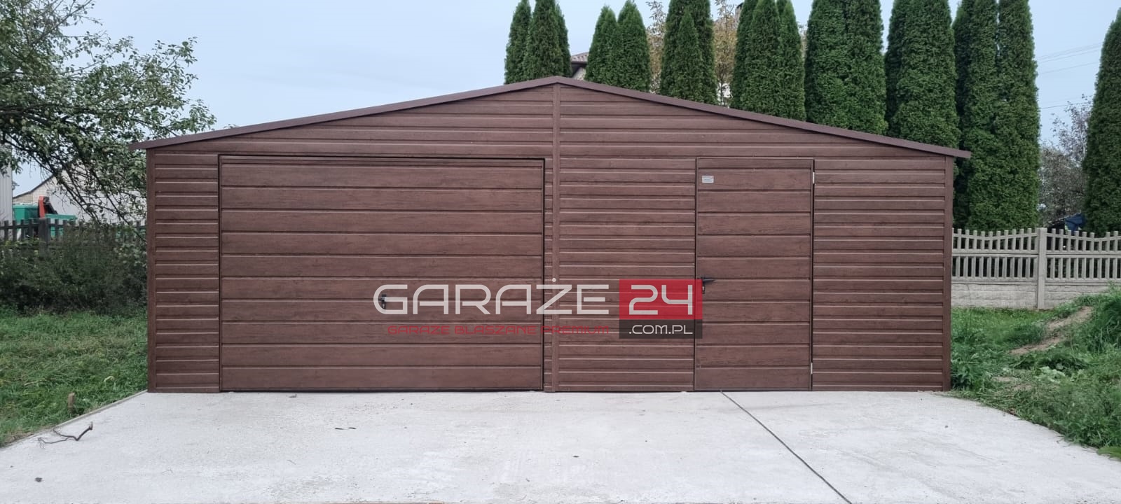 Garaż blaszany PREMIUM 7x5m do 35m2 na zgłoszenie, ciemny orzech, brama uchylna, drzwi, wzmocniony profilem zamkniętym ocynkowanym