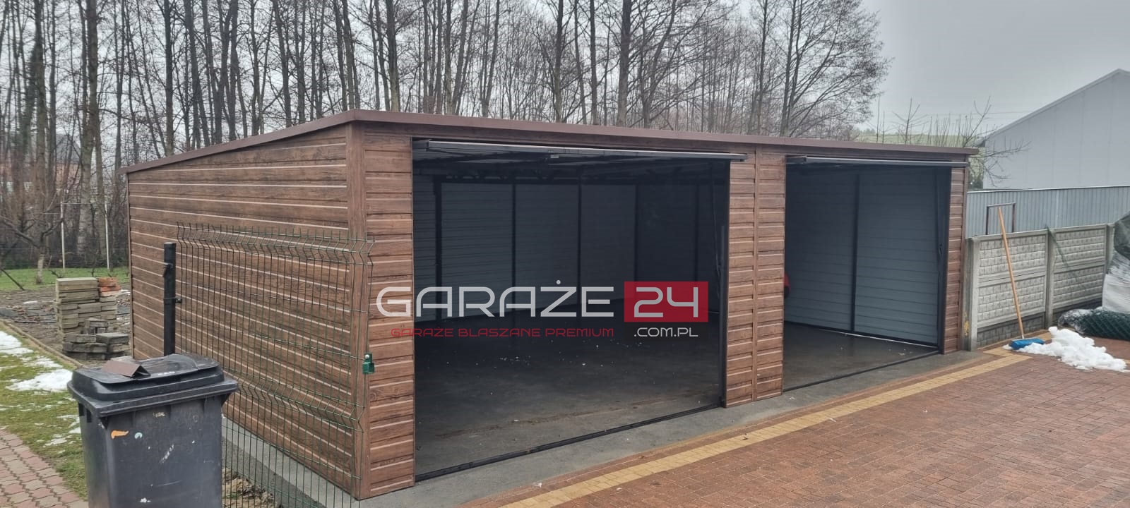Garaż blaszany Premium 7x5m, do 35m2 , ciemny orzech, dwie bramy uchylne, wzmocniony profilem zamkniętym ocynkowanym, montaż GRATIS