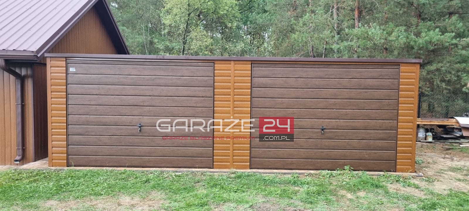Garaż blaszany Premium, 7x5m do 35m2 , jasny orzech + ciemny orzech, dwie bramy uchylne, wzmocniony profilem zamkniętym ocynkowanym, montaż GRATIS