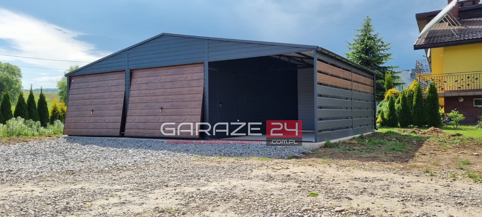 Garaż blaszany Premium, 9m (6m garaż + 3m wiata) 6m długi, grafit mat  + ciemny orzech, wzmocniony profilem zamkniętym ocynkowanym, montaż GRATIS