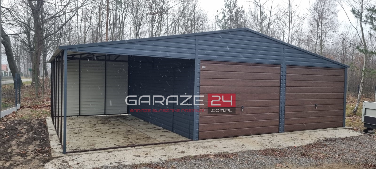Garaż blaszany PREMIUM 9m szeroki (6m garaż + 3m wiata) 6m długi, grafit mat + ciemny orzech, wzmocniony profilem zamkniętym ocynkowanym, montaż GRATIS