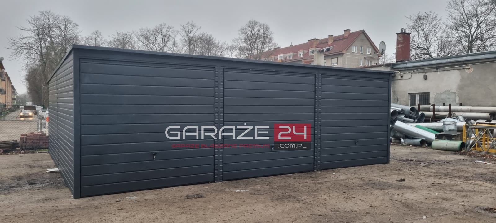 Garaż blaszany Premium, 9x6m, grafit mat, trzy bramy uchylne, wzmocniony profilem zamkniętym ocynkowanym, montaż GRATIS