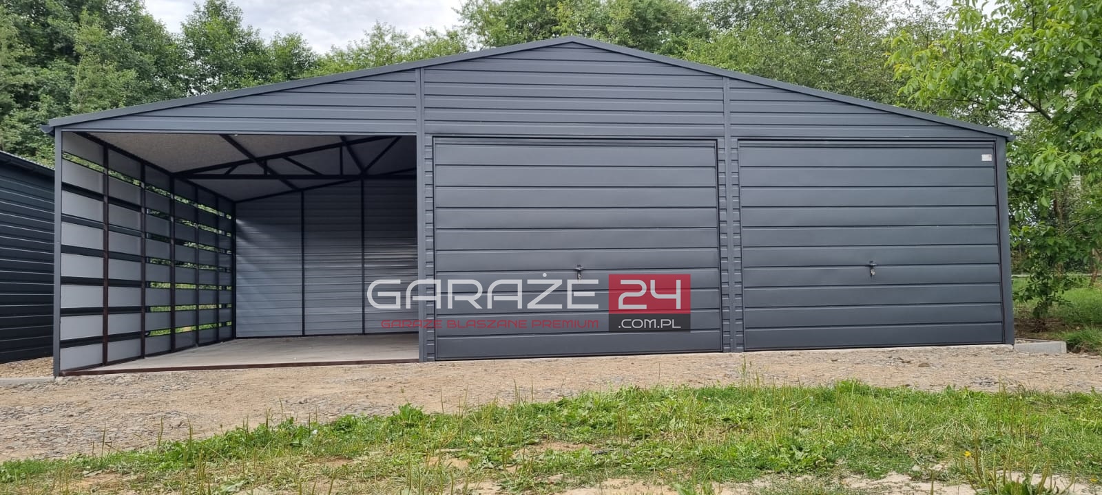 Garaż blaszany PREMIUM grafit mat, 9m szeroki (6m garaż + 3m wiata) 6m długi, wzmocniony profilem zamkniętym ocynkowanym